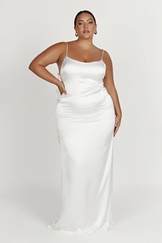 Spaghetti Strap Satin Low Back Floral Applique Tie Strap Maxi Gown - View 7