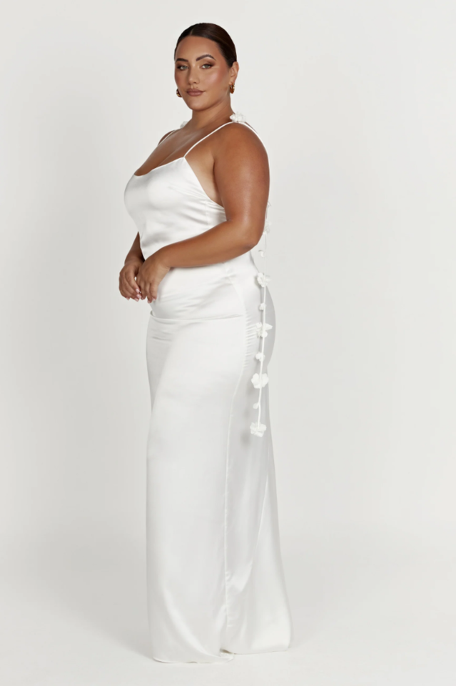 Spaghetti Strap Satin Low Back Floral Applique Tie Strap Maxi Gown - View 8