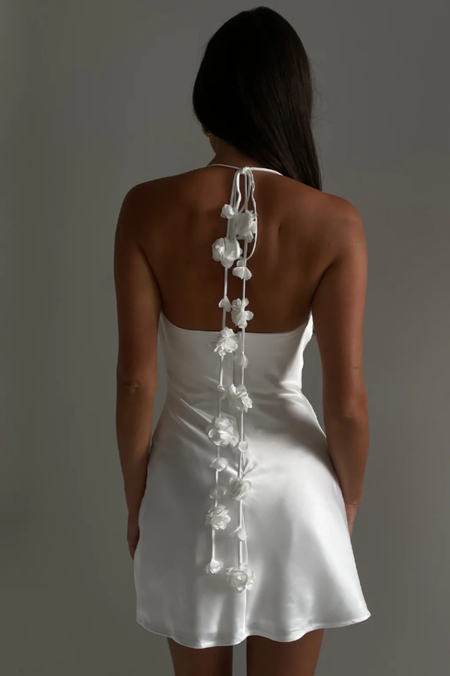 Satin Halter Neck Backless Floral Trim Mini Dress - View 7