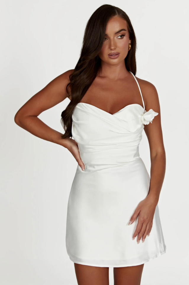 Satin Halter Neck Backless Floral Trim Mini Dress - View 3
