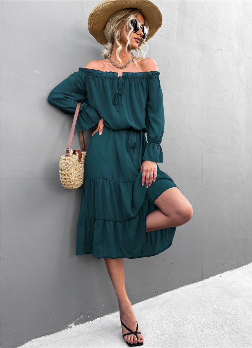 Off Shoulder Long Sleeve Tiered Ruffle Hem Midi Dress 8