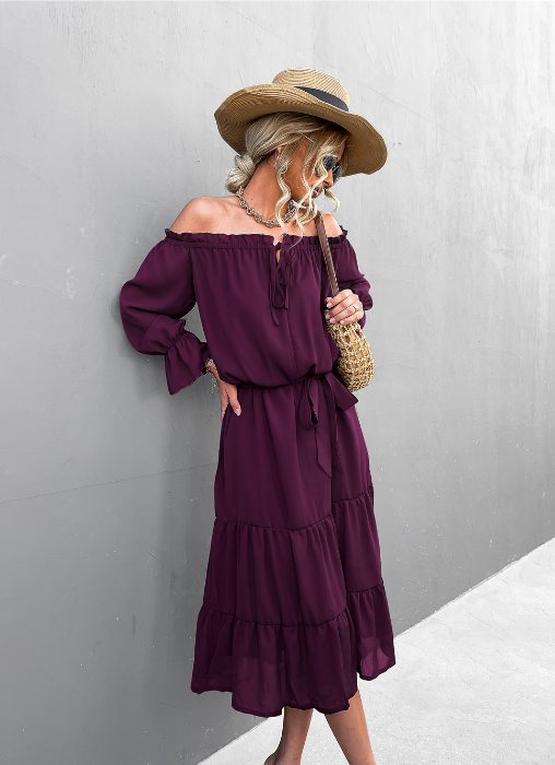 Off Shoulder Long Sleeve Tiered Ruffle Hem Midi Dress 3