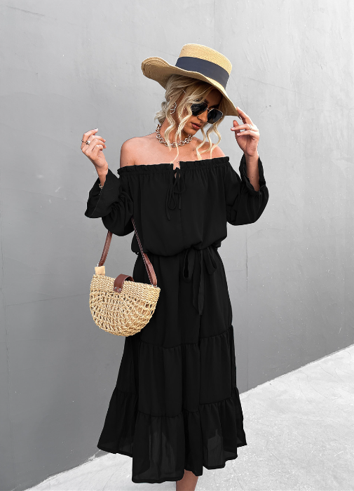 Off Shoulder Long Sleeve Tiered Ruffle Hem Midi Dress 5