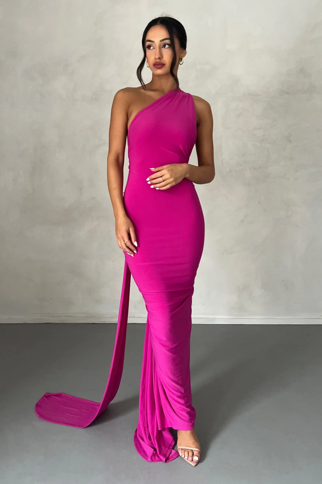 One Shoulder Ruched Open Back Trailing Sash Floor Length Gown - View 4