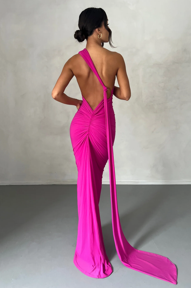 One Shoulder Ruched Open Back Trailing Sash Floor Length Gown - View 5