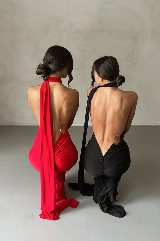 One Shoulder Ruched Open Back Trailing Sash Floor Length Gown - View 14