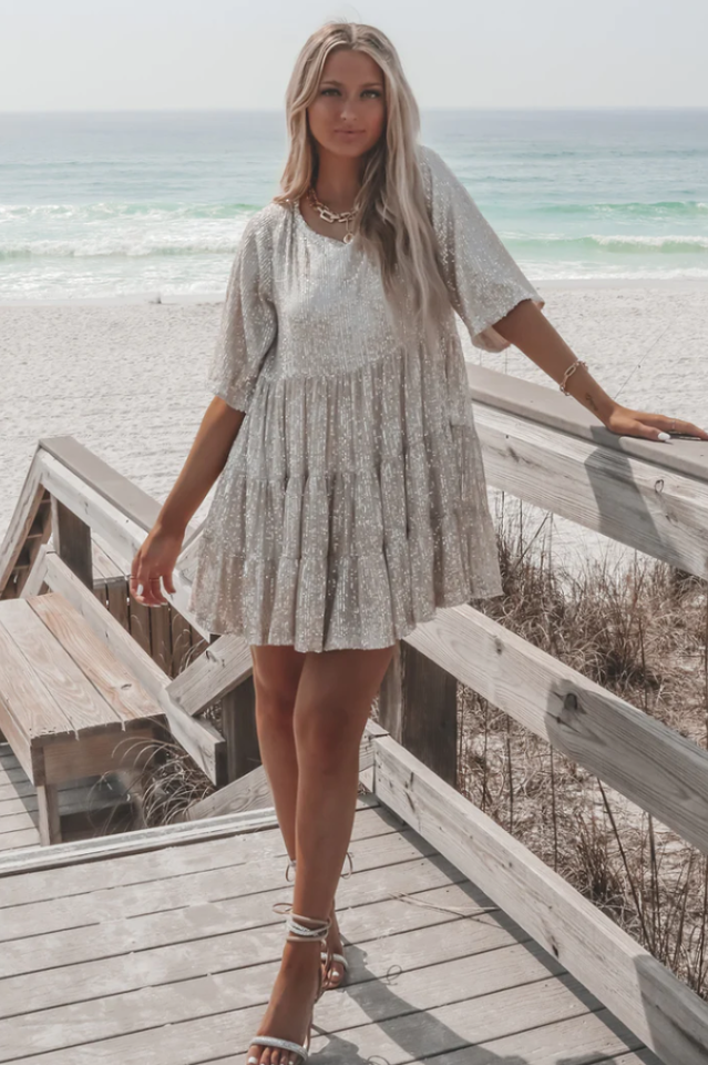 Sequin Tiered Ruffle Crew Neck Short Sleeve Smock Mini Party Dress - View 15