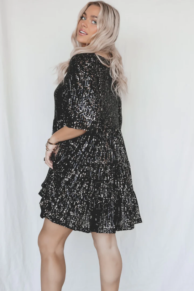 Sequin Tiered Ruffle Crew Neck Short Sleeve Smock Mini Party Dress - View 24