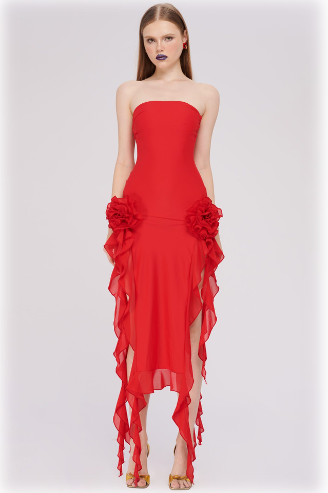 Tulle Strapless Rose Appliqué Ruffle Tiered Handkerchief Hem Maxi Gown - View 2