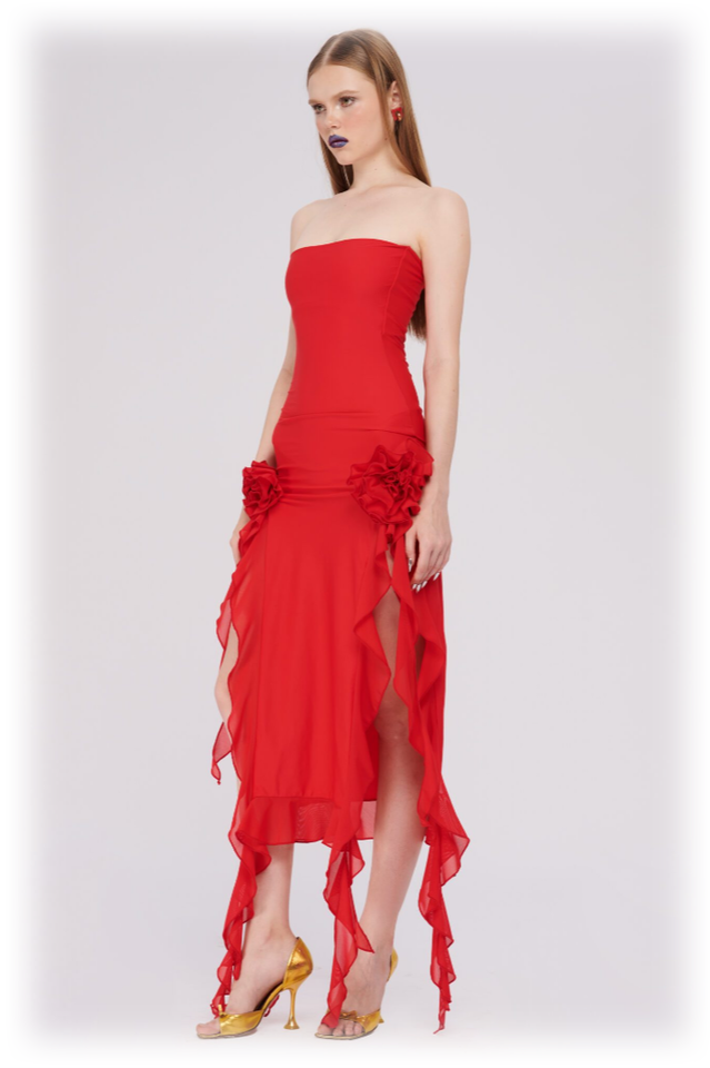 Tulle Strapless Rose Appliqué Ruffle Tiered Handkerchief Hem Maxi Gown - View 3
