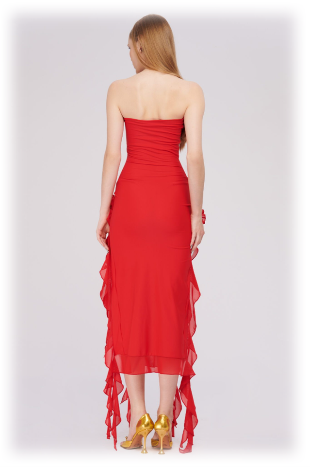 Tulle Strapless Rose Appliqué Ruffle Tiered Handkerchief Hem Maxi Gown - View 4