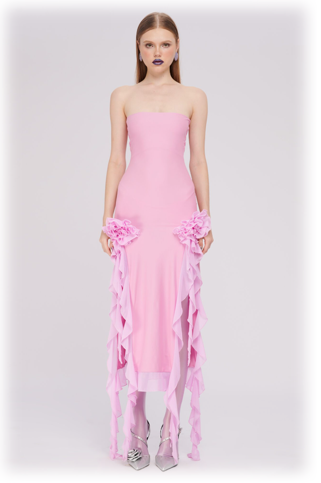 Tulle Strapless Rose Appliqué Ruffle Tiered Handkerchief Hem Maxi Gown - View 5