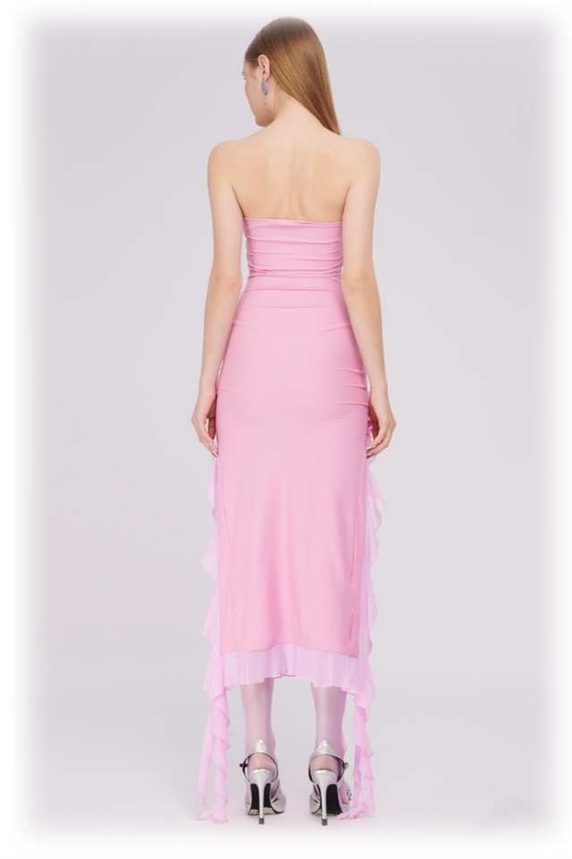 Tulle Strapless Rose Appliqué Ruffle Tiered Handkerchief Hem Maxi Gown - View 7