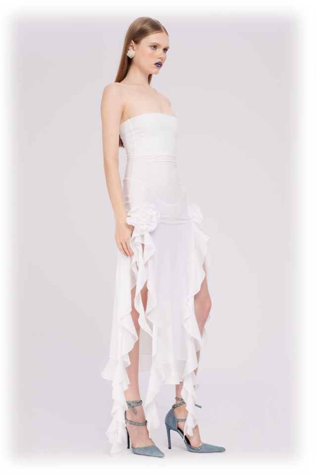 Tulle Strapless Rose Appliqué Ruffle Tiered Handkerchief Hem Maxi Gown - View 9