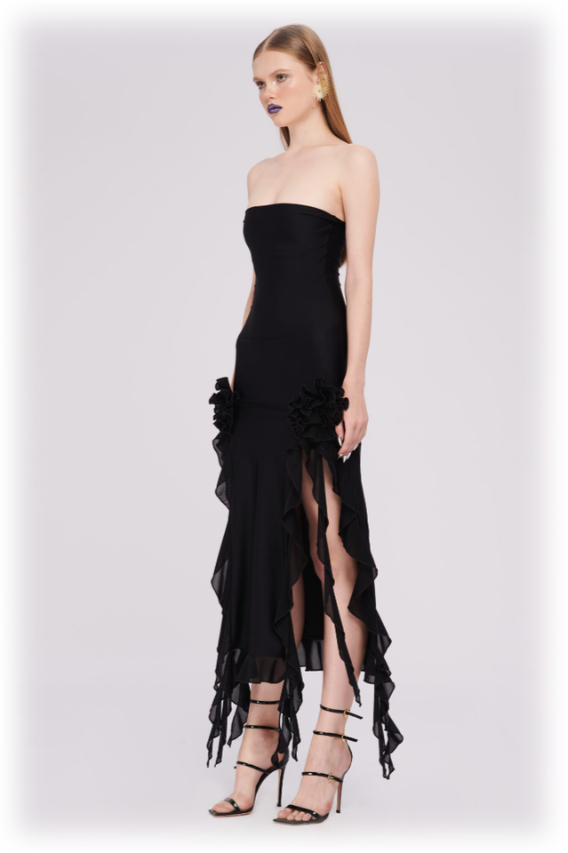 Tulle Strapless Rose Appliqué Ruffle Tiered Handkerchief Hem Maxi Gown - View 12