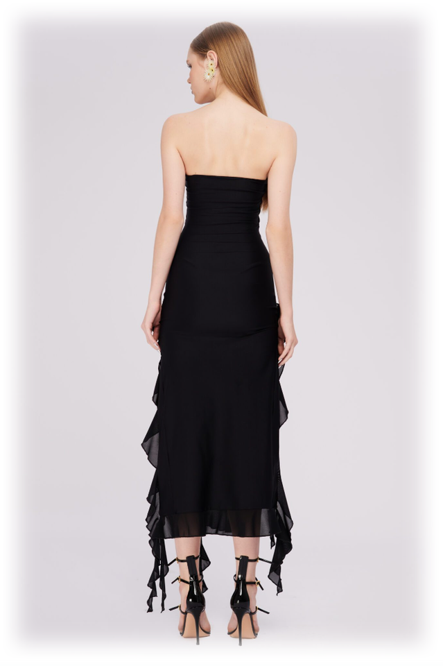 Tulle Strapless Rose Appliqué Ruffle Tiered Handkerchief Hem Maxi Gown - View 13