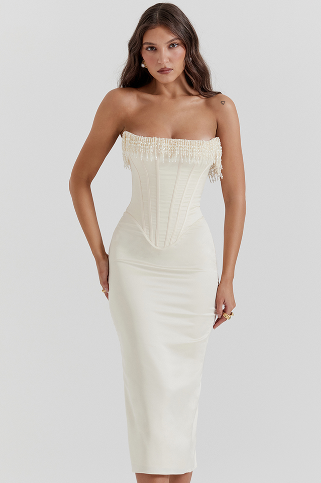 Pearl Fringe Strapless Corset Boned Bodycon Midi Dress - View 3
