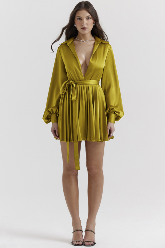 Allegra Chartreuse Pleated Shirt Dress