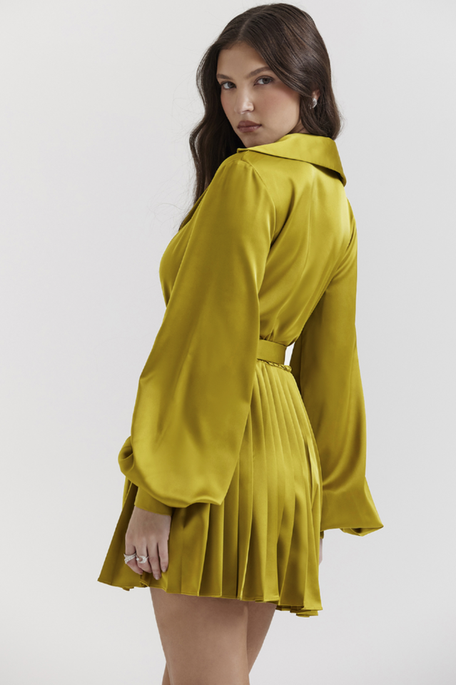 Allegra Chartreuse Pleated Shirt Dress
