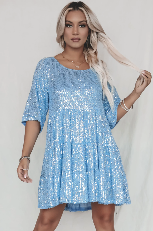 Sequin Tiered Ruffle Short Sleeve Crew Neck Babydoll Mini Party Dress - View 6