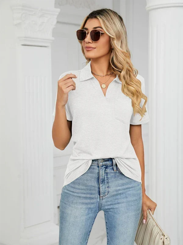 Collared V-Neck Short Sleeve Pocket Polo Top 14