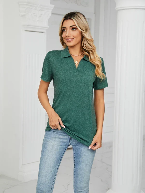 Collared V-Neck Short Sleeve Pocket Polo Top 5