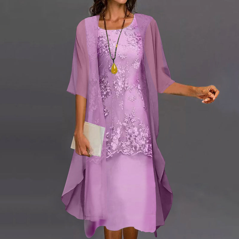 Floral Lace Embroidered Dress Chiffon Open Front Duster Two Piece Set - View 2