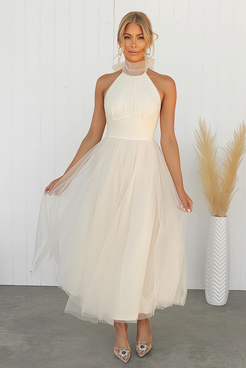 Tulle Halter Neck Tie Back Open Back Ruched Waist Layered Midi Dress - View 2
