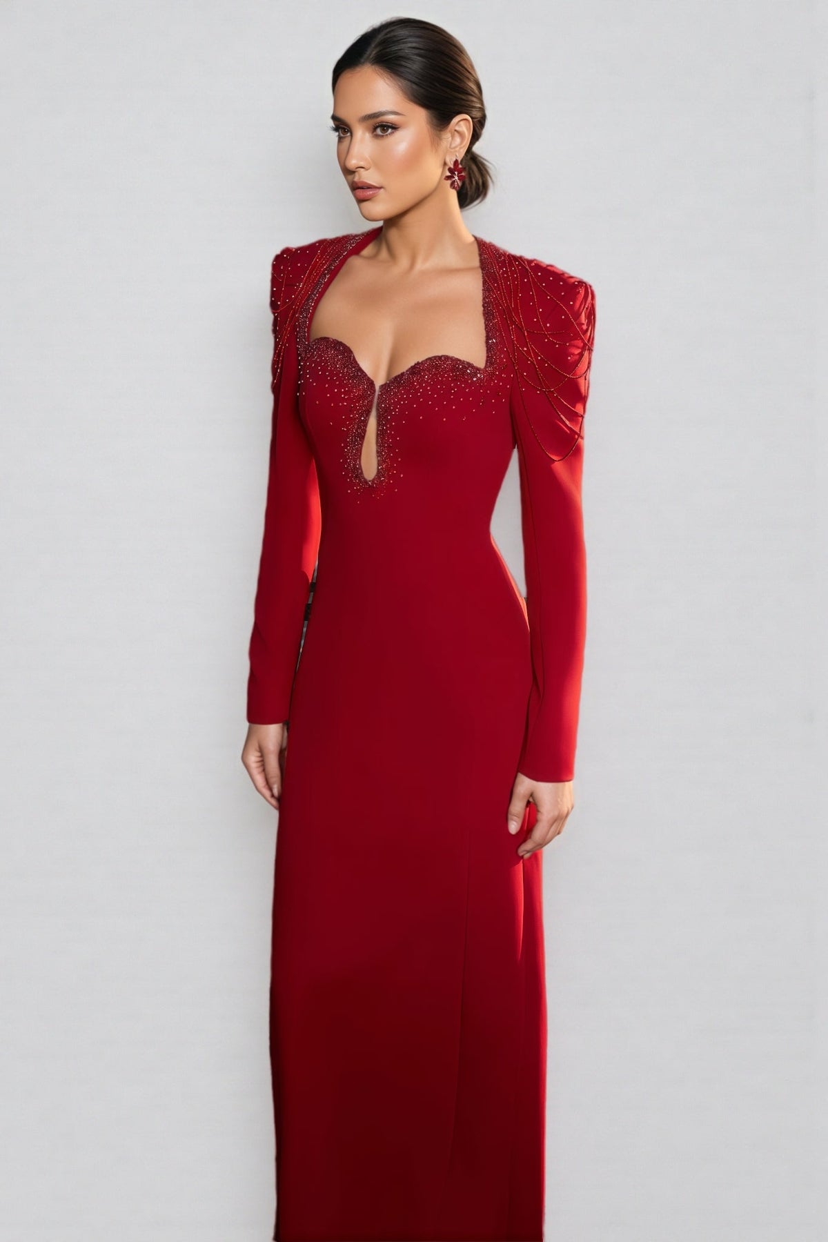 Sweetheart Keyhole Cut Out Long Sleeve Beaded Fringe Maxi Gown - View 7