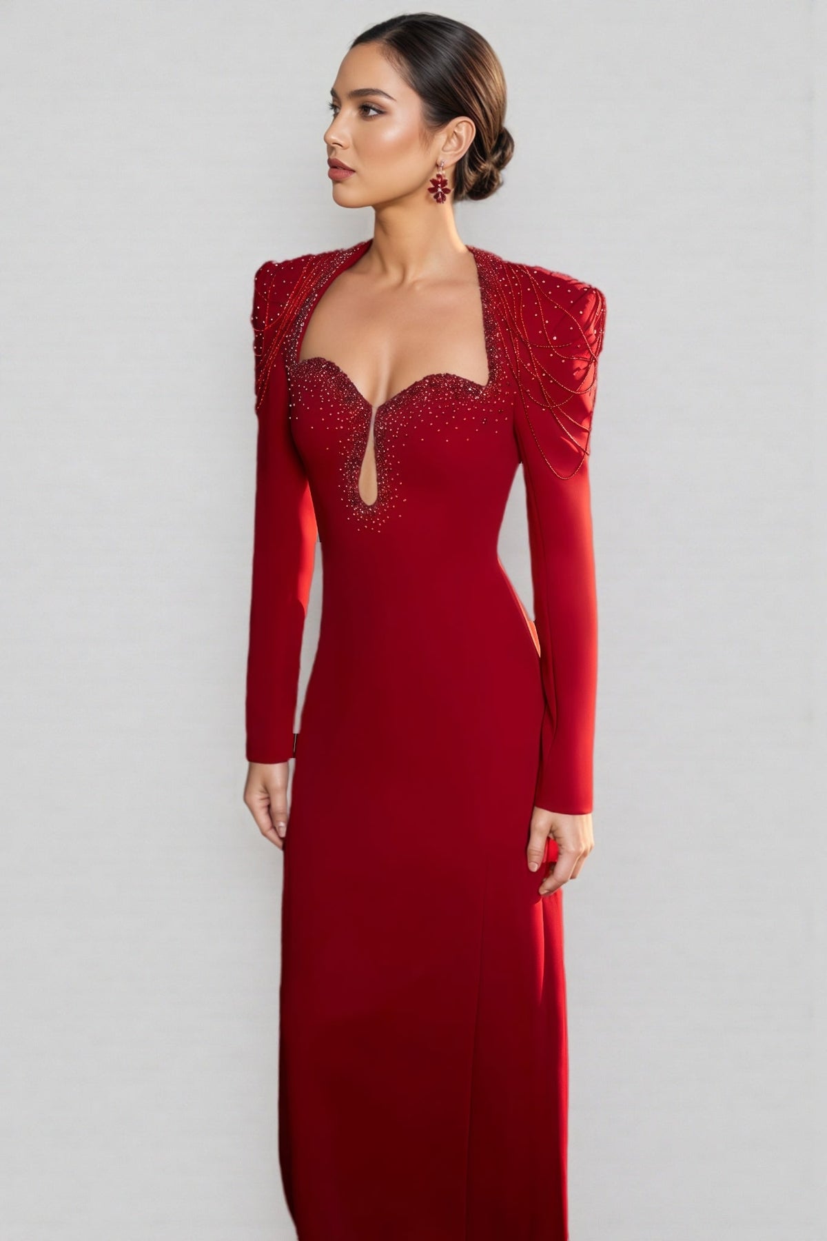 Sweetheart Keyhole Cut Out Long Sleeve Beaded Fringe Maxi Gown - View 5