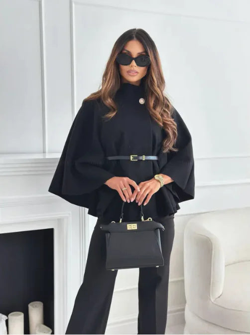 High Neck Belted Batwing Sleeve Cape Jacket 2