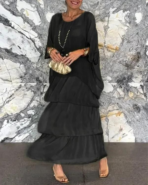 Scoop Neck Kimono Half Sleeve Tiered Oversized Maxi Dress