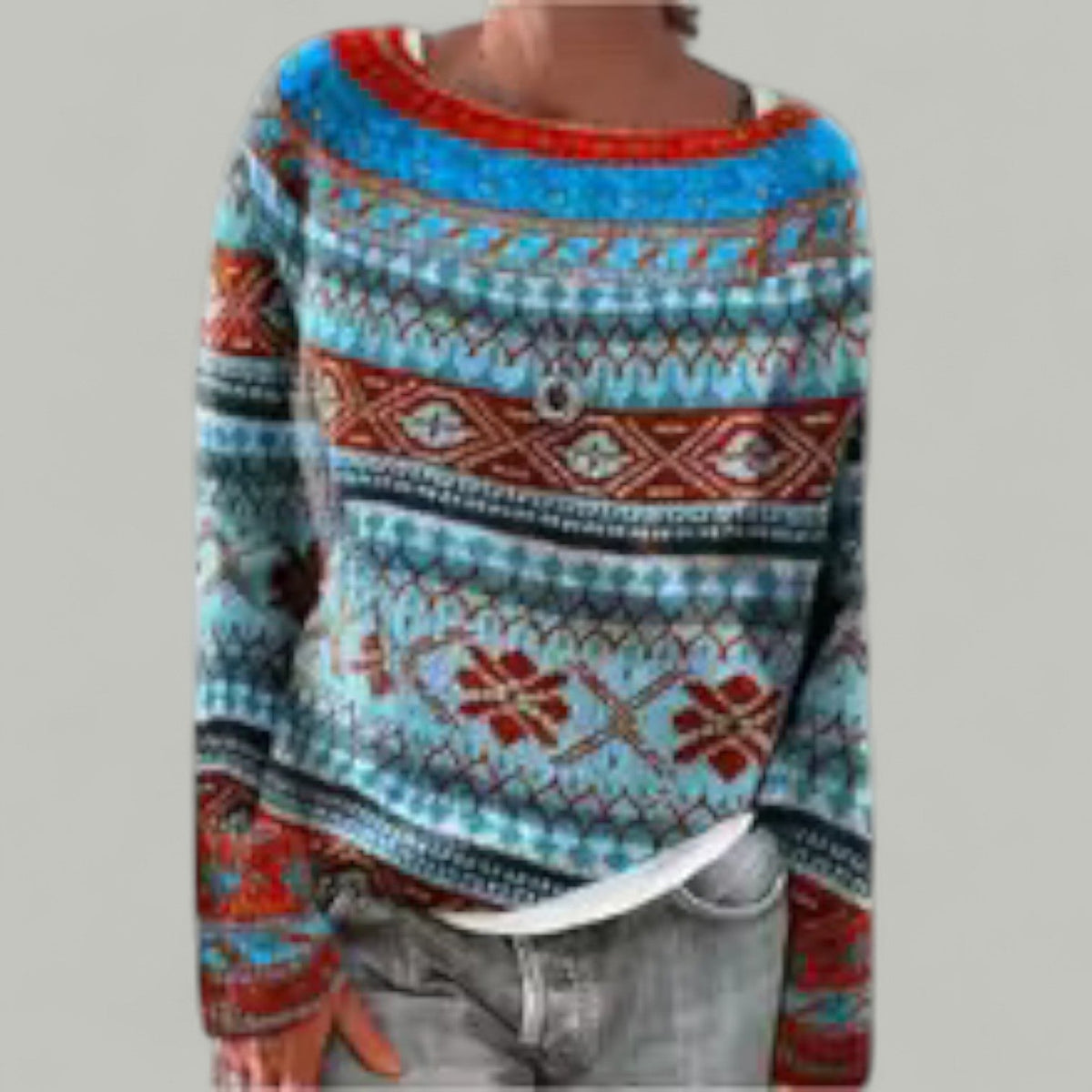Boat Neck Long Sleeve Aztec Pattern Knit Sweater