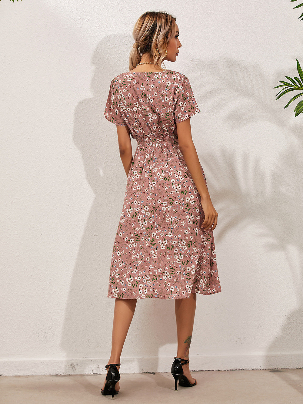 Wrap V-Neck Flutter Sleeve Smocked Waist A-Line Midi Summer Dress - View 8