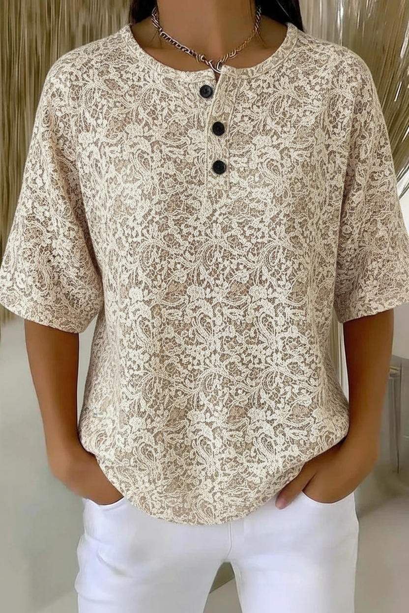 Paisley Floral Print Henley Button Short Sleeve Waffle Top