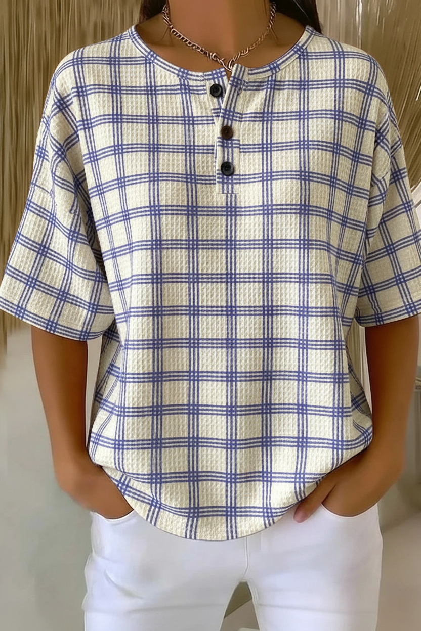 Plaid Waffle Knit Short Sleeve Henley Top