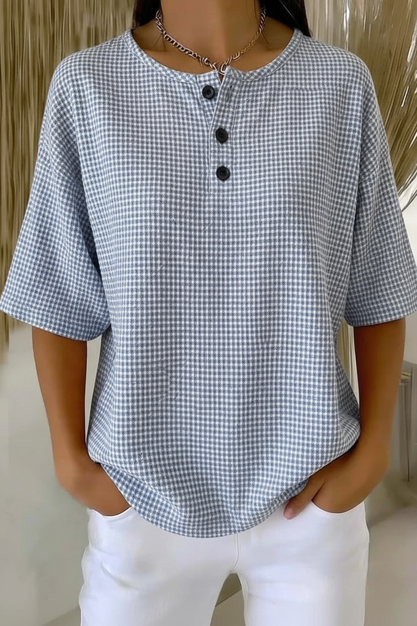 Gingham Check Waffle Knit Henley Short Sleeve Top
