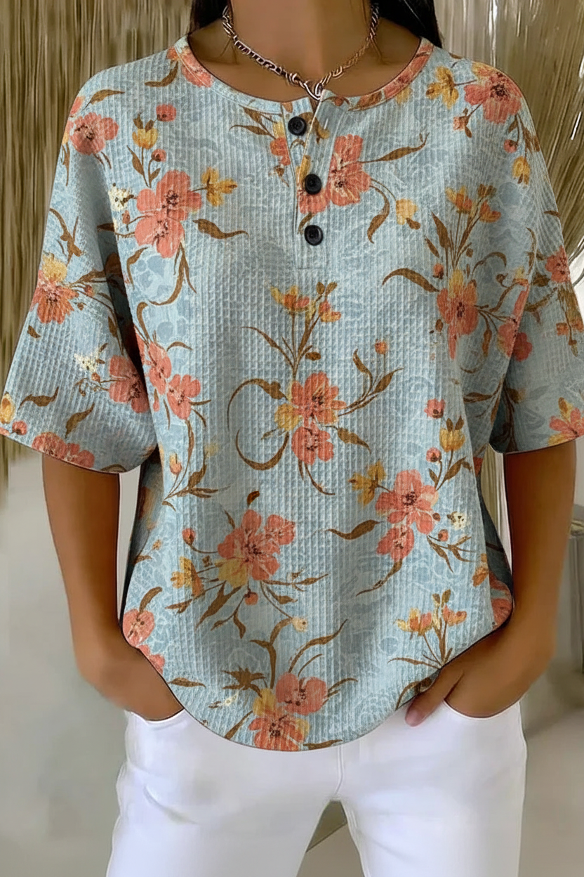 Floral Print Waffle Knit Button Short Sleeve Top