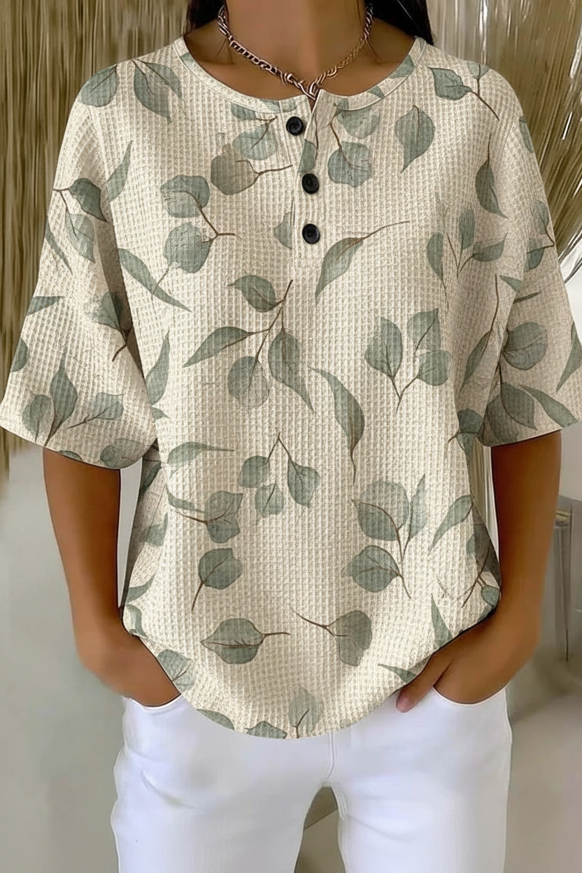 Leaf Print Waffle Knit Button Henley Short Sleeve Top