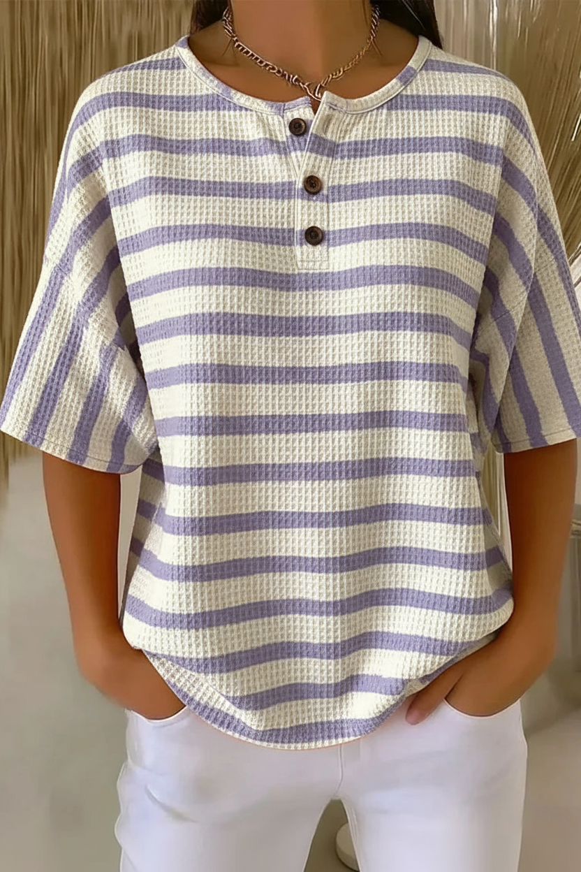 Striped Waffle Knit Button Henley Short Sleeve Top