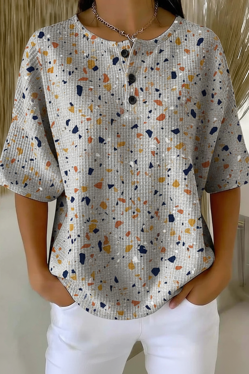 Terrazzo Print Waffle Knit Button Henley Short Sleeve Top