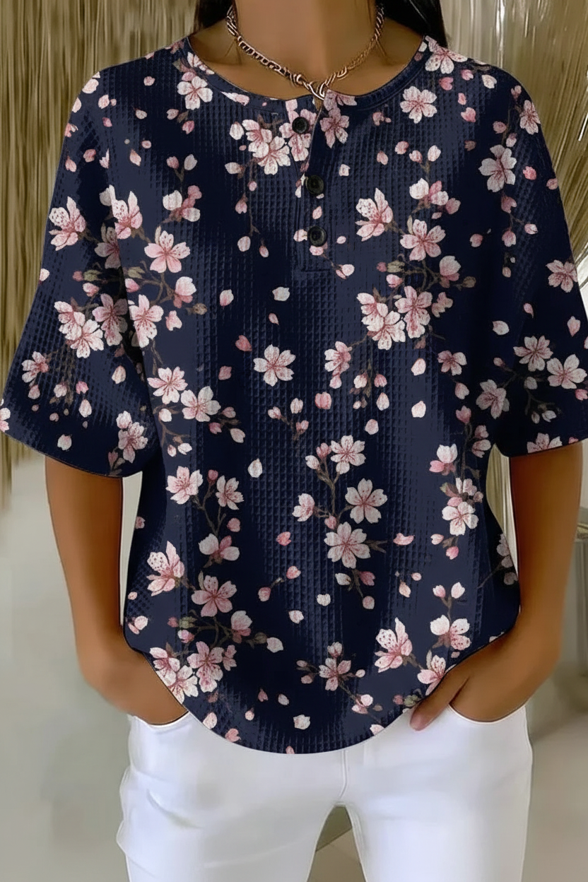 Cherry Blossom Floral Waffle Knit Short Sleeve Henley Top