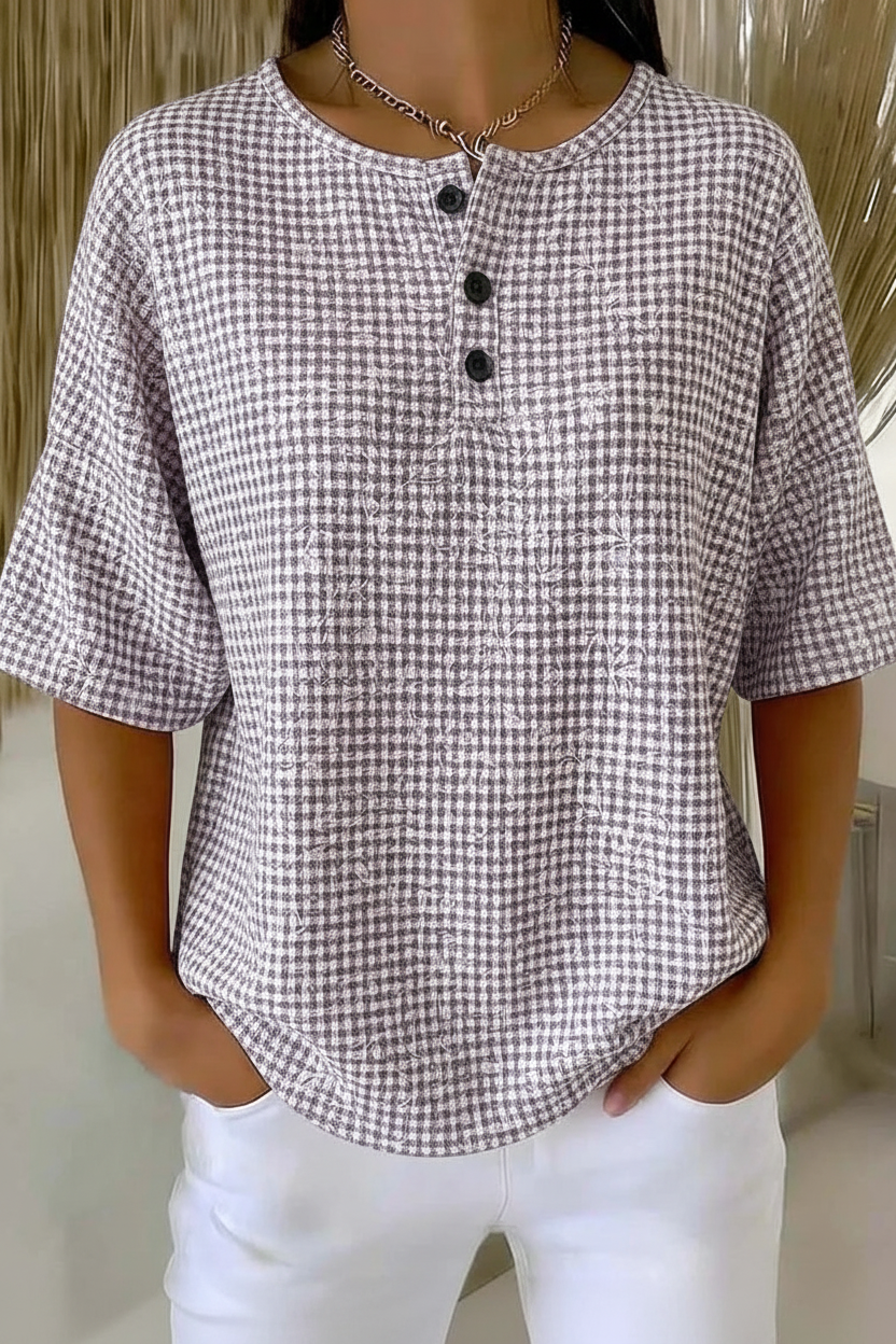 Gingham Check Button Placket Short Sleeve Waffle Top