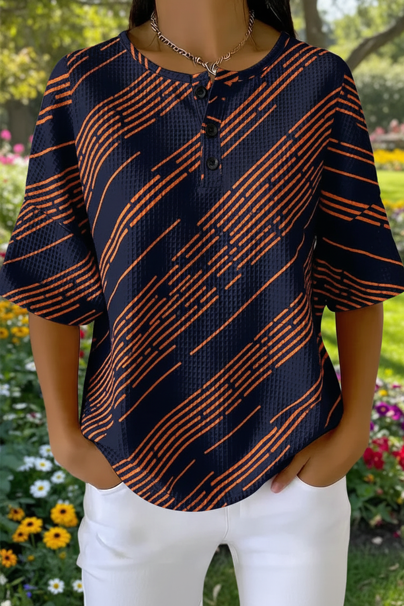 Abstract Line Print Waffle Knit Short Sleeve Henley Top