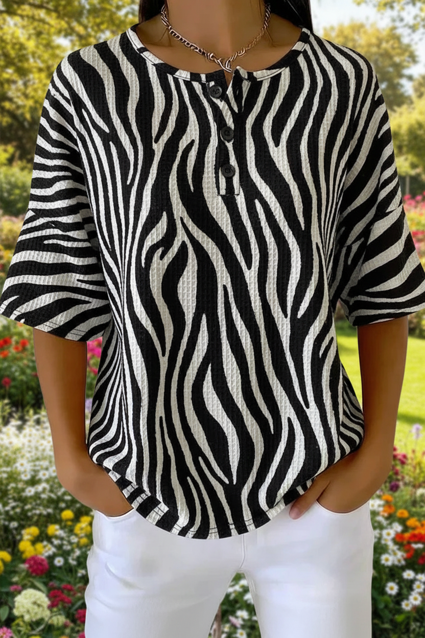 Zebra Print Waffle Knit Short Sleeve Henley Top