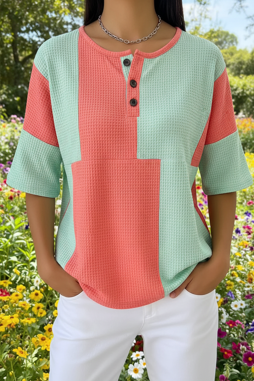 Color Block Patchwork Waffle Knit Short Sleeve Henley Top