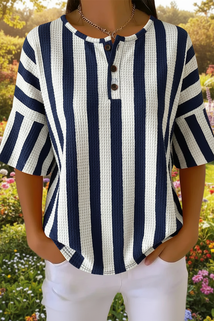 Vertical Stripe Waffle Knit Button Henley Short Sleeve Top