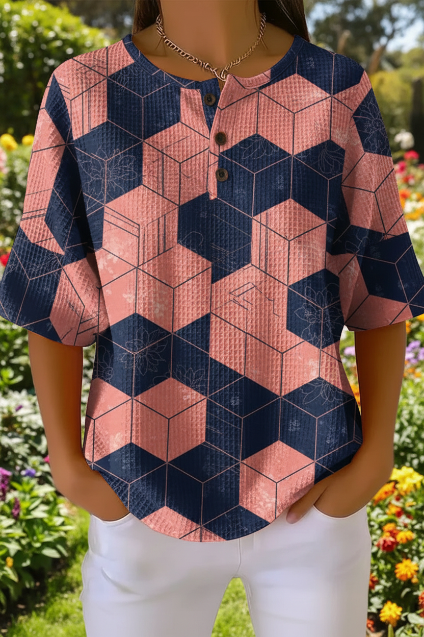 Geometric Cube Print Waffle Knit Button Henley Short Sleeve Top
