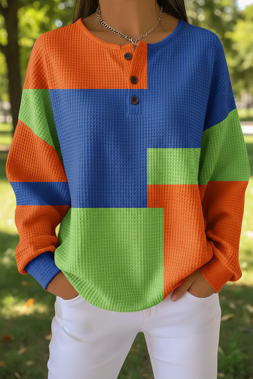 Colorblock Waffle Knit Henley Long Sleeve Top