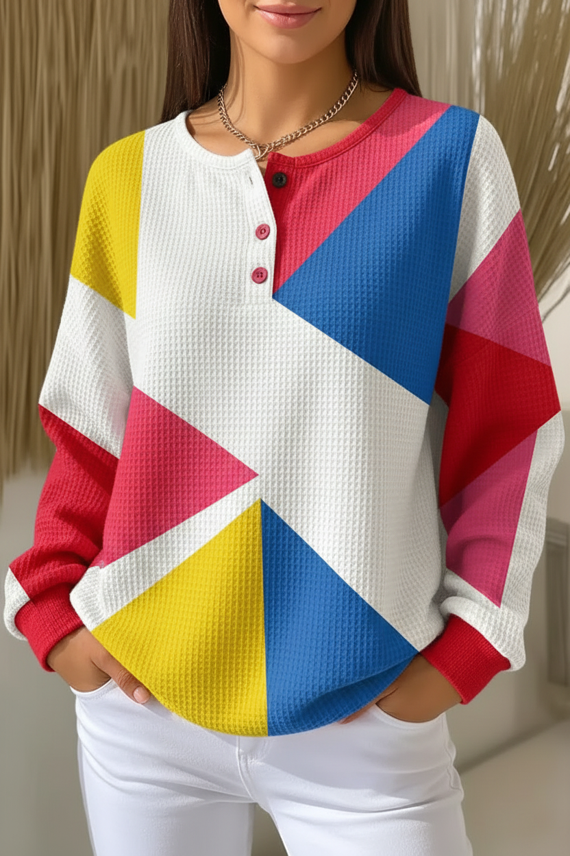 Colorblock Geometric Henley Waffle Knit Top
